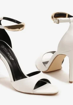 Białe Sandały na Szpilce z Eleganckim Zdobieniem przy Kostce Idarelle