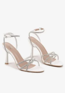 Białe Sandały Szpilki Ozdobione Cyrkoniami i Brokatem Setarlina