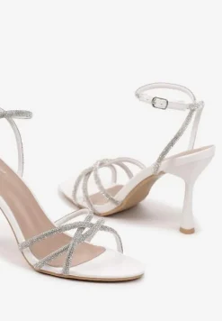Białe Sandały Szpilki Ozdobione Cyrkoniami i Brokatem Setarlina