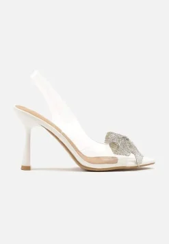 Białe Sandały Szpilki Transparentne ze Świecącą Aplikacją na Nosku Efanelina