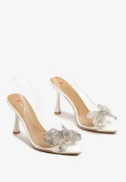 Białe Sandały Szpilki Transparentne ze Świecącą Aplikacją na Nosku Efanelina