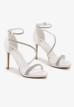 Białe Sandały Szpilki Zdobione Cyrkoniami Zapinane na Sprzączkę Ralisen