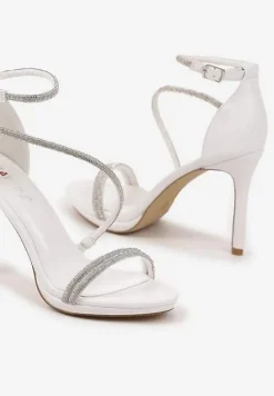 Białe Sandały Szpilki Zdobione Cyrkoniami Zapinane na Sprzączkę Ralisen