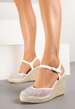Białe Sandały Typu Espadryle z Siateczki na Plecionym Koturnie Froltewi