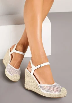 Białe Sandały Typu Espadryle z Siateczki na Plecionym Koturnie Froltewi