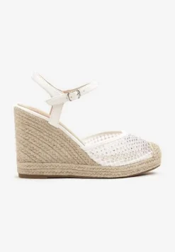 Białe Sandały Typu Espadryle z Siateczki na Plecionym Koturnie Froltewi