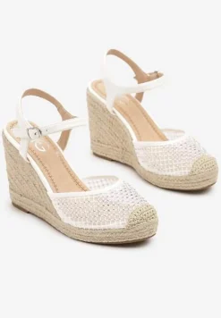 Białe Sandały Typu Espadryle z Siateczki na Plecionym Koturnie Froltewi