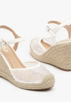 Białe Sandały Typu Espadryle z Siateczki na Plecionym Koturnie Froltewi