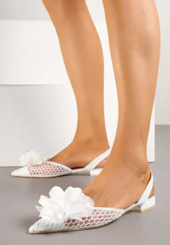 Białe Sandały Vices Slingback z Siateczkową Cholewką Ozdobione Kwiatem 3D Lilivora