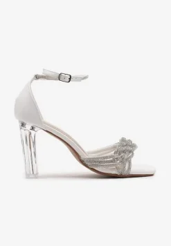 Białe Sandały z Ekoskóry na Transparentnym Słupku Zdobione Cyrkoniami ze Sprzączką Lotesa