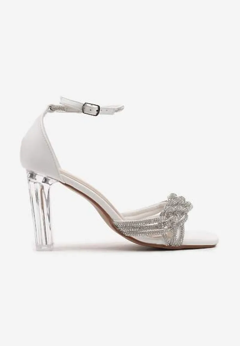 Białe Sandały z Ekoskóry na Transparentnym Słupku Zdobione Cyrkoniami ze Sprzączką Lotesa