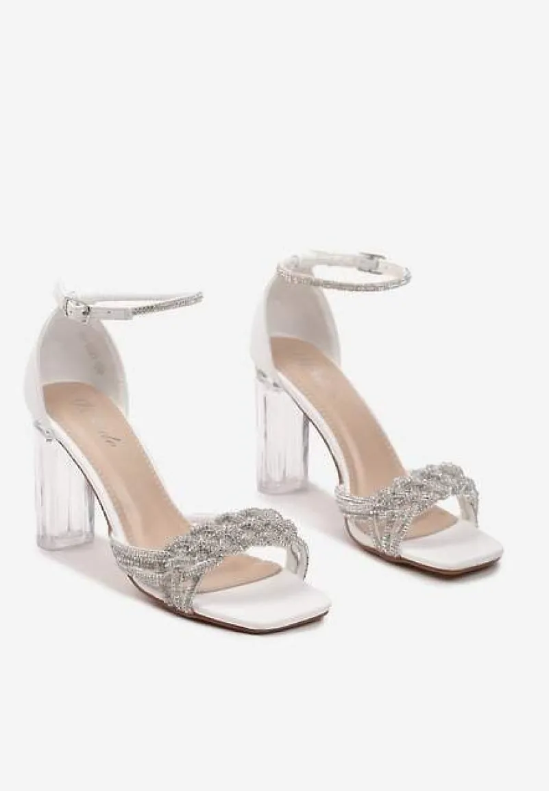 Białe Sandały z Ekoskóry na Transparentnym Słupku Zdobione Cyrkoniami ze Sprzączką Lotesa