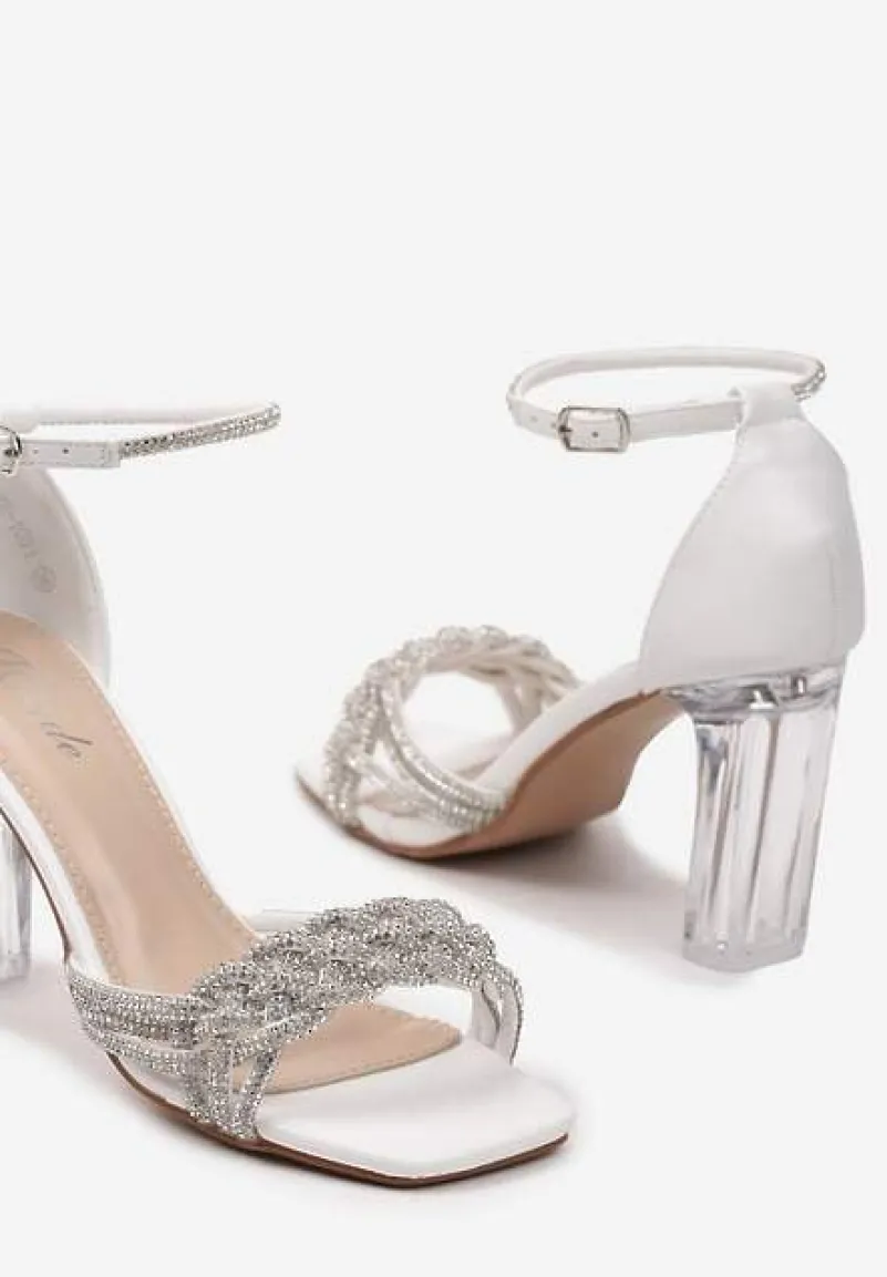 Białe Sandały z Ekoskóry na Transparentnym Słupku Zdobione Cyrkoniami ze Sprzączką Lotesa