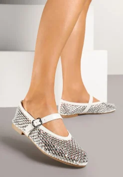 Białe Siateczkowe Balerinki z Paskiem z Błyszczącymi Cyrkoniami Lisabia