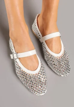 Białe Siateczkowe Balerinki z Paskiem z Błyszczącymi Cyrkoniami Lisabia