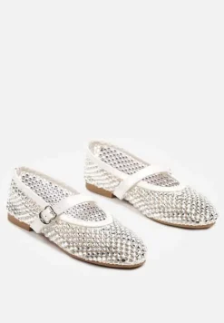 Białe Siateczkowe Balerinki z Paskiem z Błyszczącymi Cyrkoniami Lisabia
