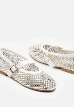 Białe Siateczkowe Balerinki z Paskiem z Błyszczącymi Cyrkoniami Lisabia