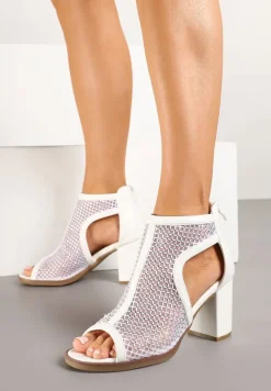 Białe Siateczkowe Sandały Stylizowane na Botki na Obcasie z Cyrkoniami Senarila