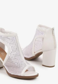 Białe Siateczkowe Sandały Stylizowane na Botki na Obcasie z Cyrkoniami Senarila