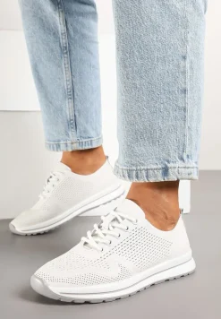Białe Skórzane Buty Sportowe na Płaskiej Podeszwie ze Skórzaną Wkładką Ozdobione Perforacją Falali