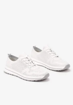 Białe Skórzane Buty Sportowe na Płaskiej Podeszwie ze Skórzaną Wkładką Ozdobione Perforacją Falali