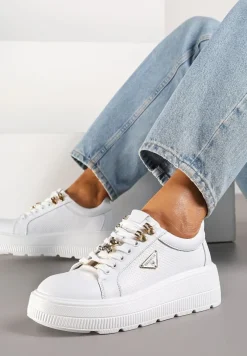 Białe Skórzane Sneakersy na Platformie Ozdobione Aplikacją Doliresa
