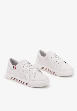 Białe Skórzane Sneakersy na Płaskiej Podeszwie ze Skórzaną Wkładką i Perforacją Galiwa