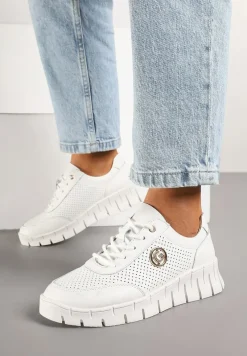 Białe Skórzane Sneakersy z Metaliczną Ozdobą i Skórzaną Wkładką Milothra