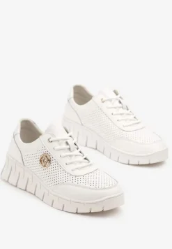 Białe Skórzane Sneakersy z Metaliczną Ozdobą i Skórzaną Wkładką Milothra