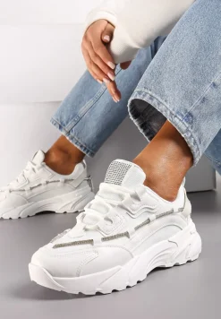 Białe Sneakersy z Ozdobnym Sznurkiem z Cyrkoniami Saerina