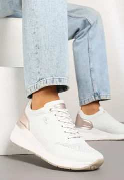 Białe Sneakersy na Koturnie Zdobione Tłoczeniami i Aplikacją Marovea