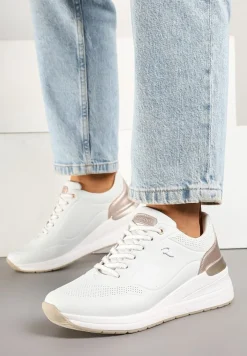 Białe Sneakersy na Koturnie Zdobione Tłoczeniami i Aplikacją Marovea