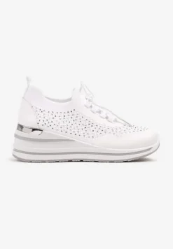 Białe Sneakersy na Koturnie Ozdobione Metaliczną Aplikacją i Cyrkoniami Fasilna