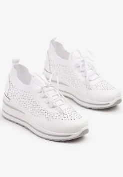 Białe Sneakersy na Koturnie Ozdobione Metaliczną Aplikacją i Cyrkoniami Fasilna