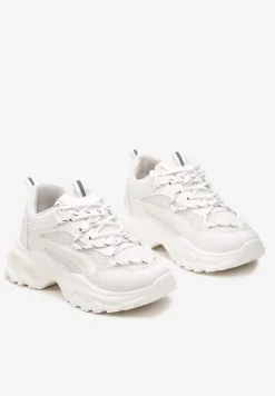 Białe Sneakersy na Masywnej Podeszwie z Siateczkowym Wstawkami i Ozdobnymi Sznurówkami Ollavia