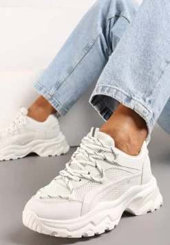 Białe Sneakersy na Masywnej Podeszwie z Siateczkowym Wstawkami i Ozdobnymi Sznurówkami Ollavia