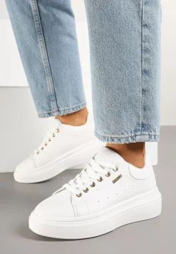 Białe Sneakersy na Niskim Koturnie Zdobione Metalicznymi Wstawkami Alirisa
