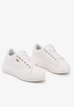 Białe Sneakersy na Niskim Koturnie Zdobione Metalicznymi Wstawkami Alirisa