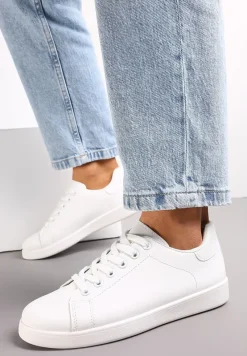 Białe Sneakersy na Płaskiej Podeszwie z Ozdobną Wstawką i Sznurowaniem Neotine
