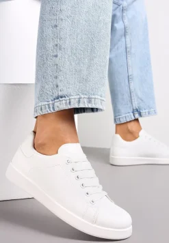 Białe Sneakersy na Płaskiej Podeszwie z Ozdobną Wstawką i Sznurowaniem Neotine