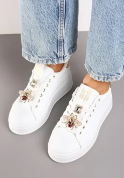 Białe Sneakersy na Płaskiej Podeszwie Ozdobione Cyrkoniami i Aplikacją 3D Vlisora