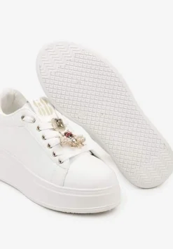 Białe Sneakersy na Płaskiej Podeszwie Ozdobione Cyrkoniami i Aplikacją 3D Vlisora