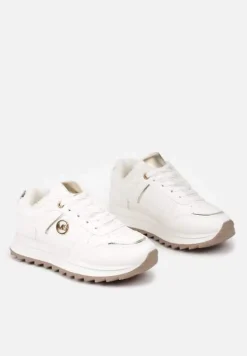 Białe Sneakersy na Płaskiej Podeszwie z Metaliczną Ozdobą i Ociepleniem Solirra