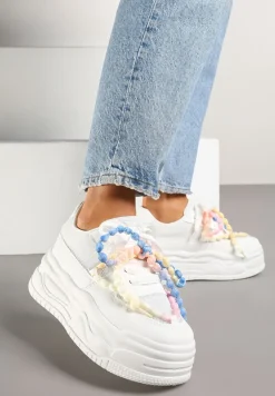 Białe Sneakersy na Platformie z Koralikami Amovanna
