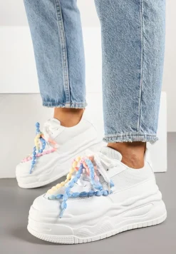 Białe Sneakersy na Platformie z Koralikami Amovanna