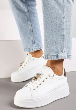 Białe Sneakersy na Platformie Ozdobione Aplikacją Misia z Cyrkonii Vlinea