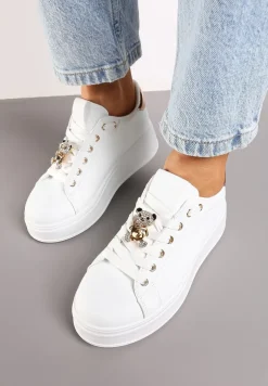 Białe Sneakersy na Platformie Ozdobione Aplikacją Misia z Cyrkonii Vlinea