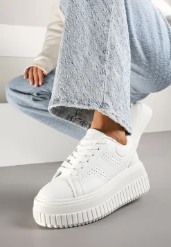 Białe Sneakersy na Platformie Ozdobione Perforacją Eleainna