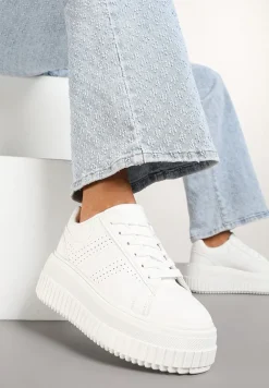 Białe Sneakersy na Platformie Ozdobione Perforacją Eleainna