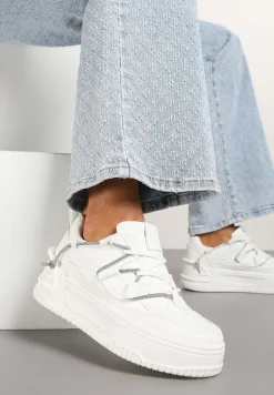 Białe Sneakersy na Platformie z Paskiem z Cyrkonii Aneolin